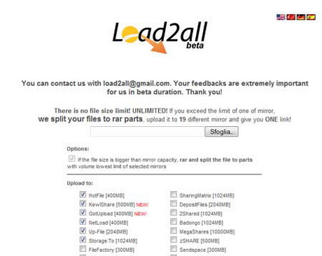 Load2All è un ottimo servizio gratuito che consente di caricare un file su 19 servizi di hosting