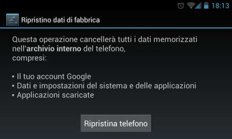 reset dati fabbrica android smartphone