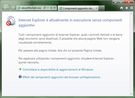Avviare Internet Explorer senza componenti aggiuntivi