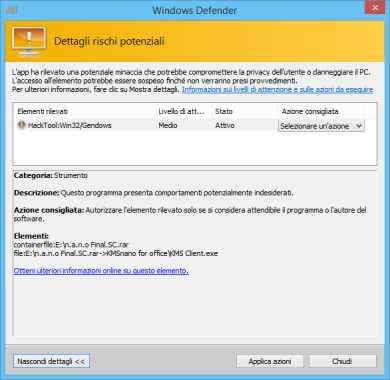 windows defender rimuovere virus